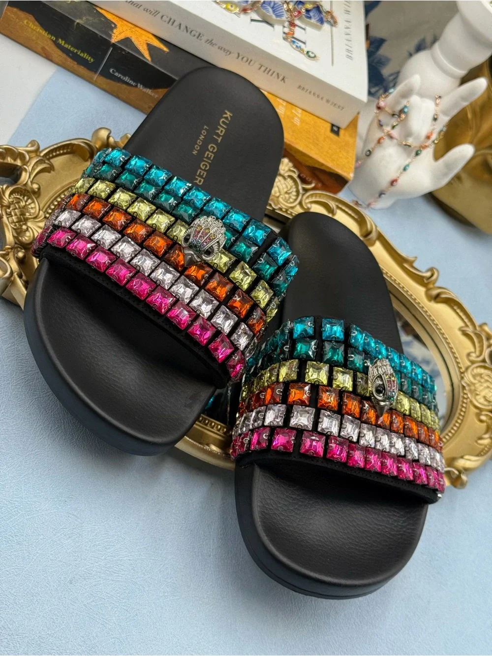 🧿🧿 KURT GEIGER LONDON Meena Eagle Jewel Crystal Studded Slide, Black Rainbow